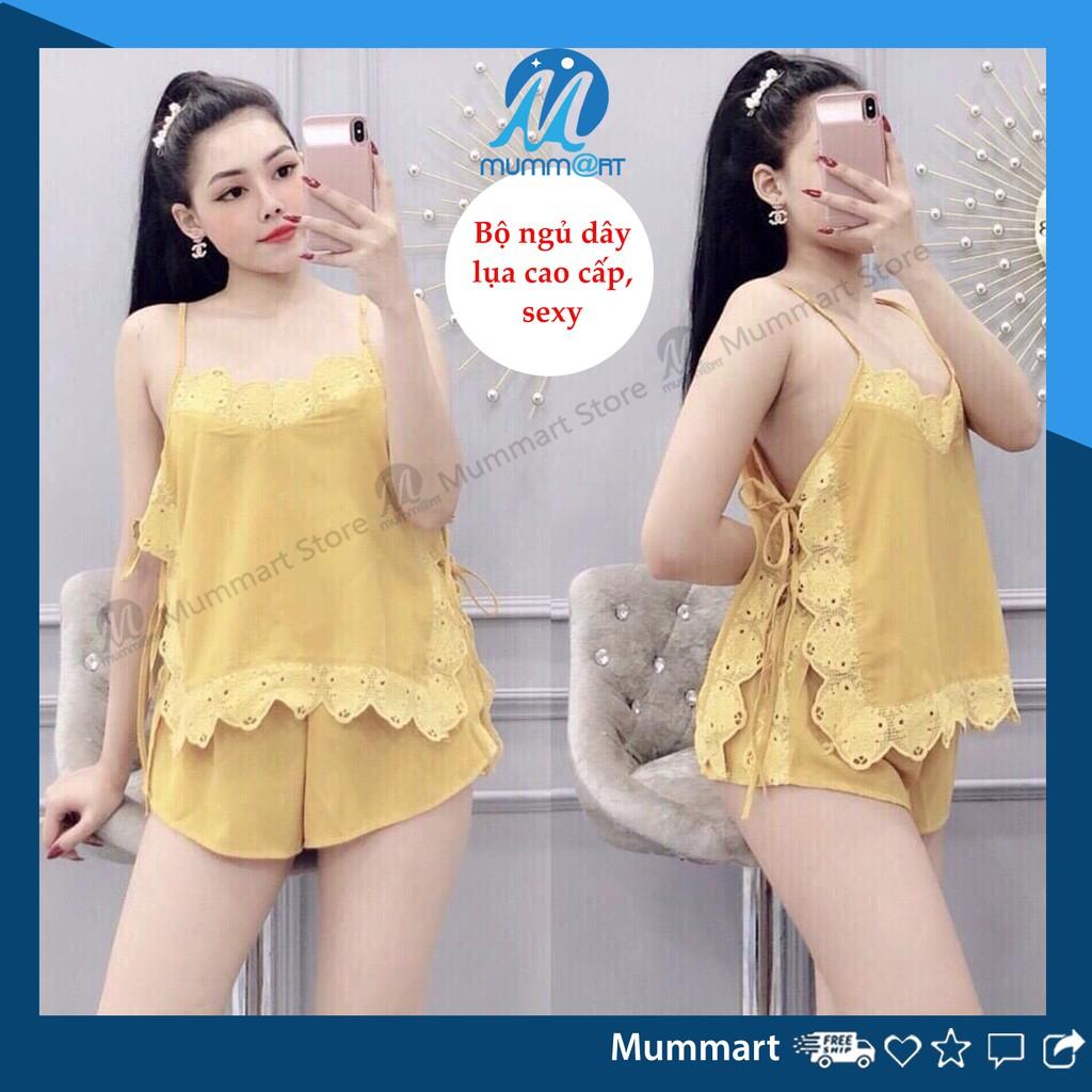 Bộ đồ ngủ hai dây sexy vải lụa satin cao cấp, phối ren viền tinh tế, vải lụa satin mát không nhăn