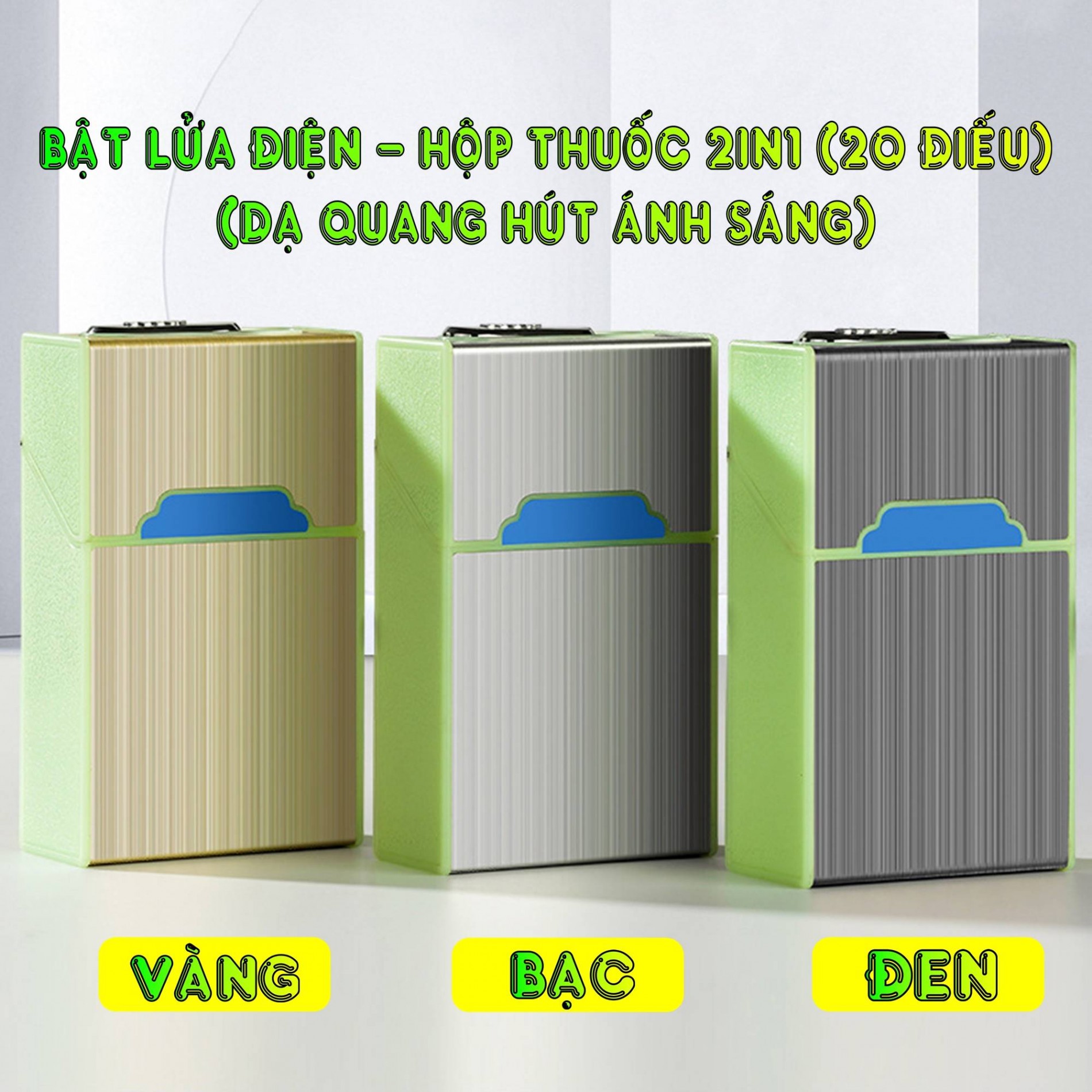 Hột quẹt bật lửa điện hộp thuốc 2in1 dạ quang hút ánh sáng (để được 20 điếu thuốc) - (sạc điện)