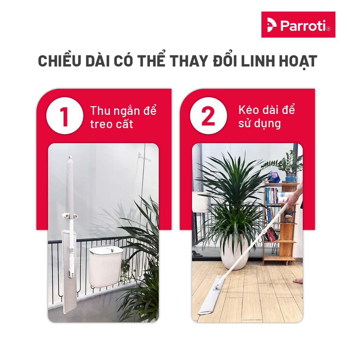 Cây lau nhà, chổi lau nhà đa năng cỡ lớn, độ dài cán linh hoạt, bàn lau rộng 60cm Parroti MAX MX02