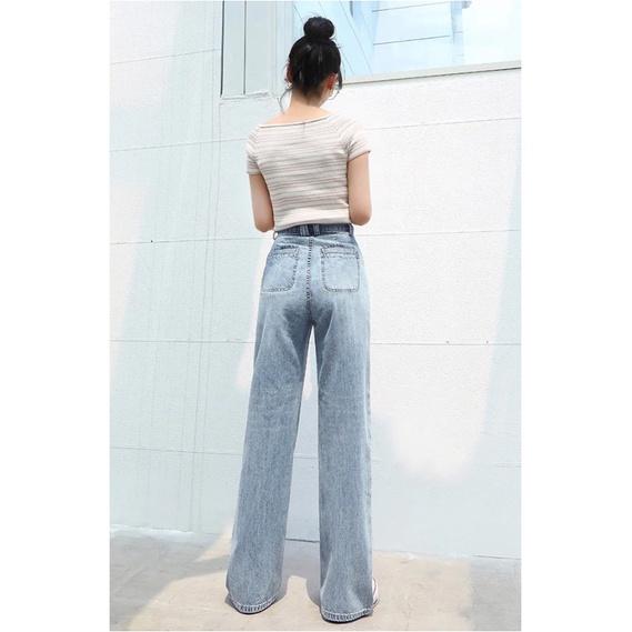 Quần jeans nữ ống rộng phối nút