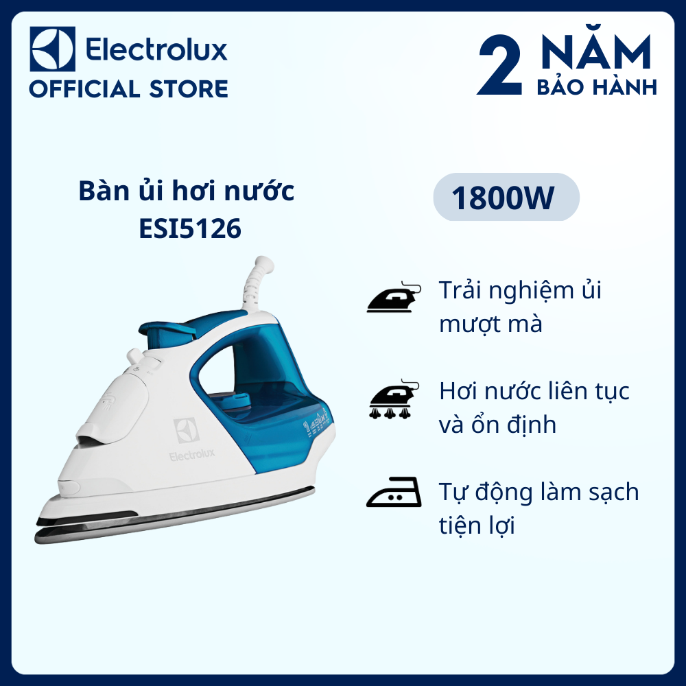 Bàn ủi hơi nước Electrolux ESI5126 - ủi phẳng và đều mọi nếp nhăn, tiếp cận các khu vực khó nhất, tính năng làm sạch tự động [Hàng chính hãng]