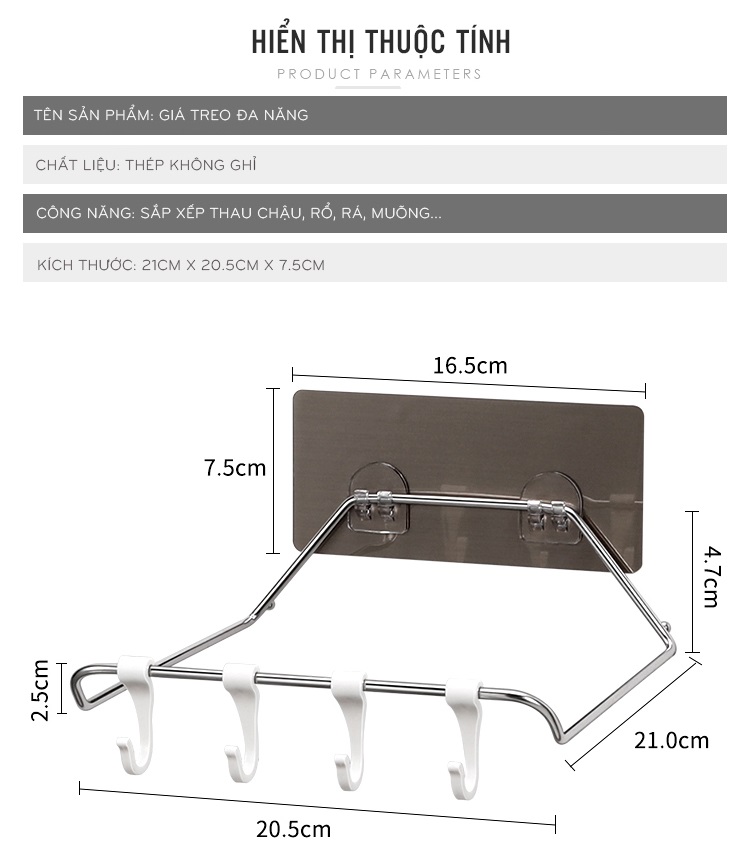 Giá Treo Rổ Rá, Thau Chậu và Dụng Cụ Bếp Dán Tường Không Khoan Đục Kèm 4 Móc Treo Đồ Tiện Lợi MTC1