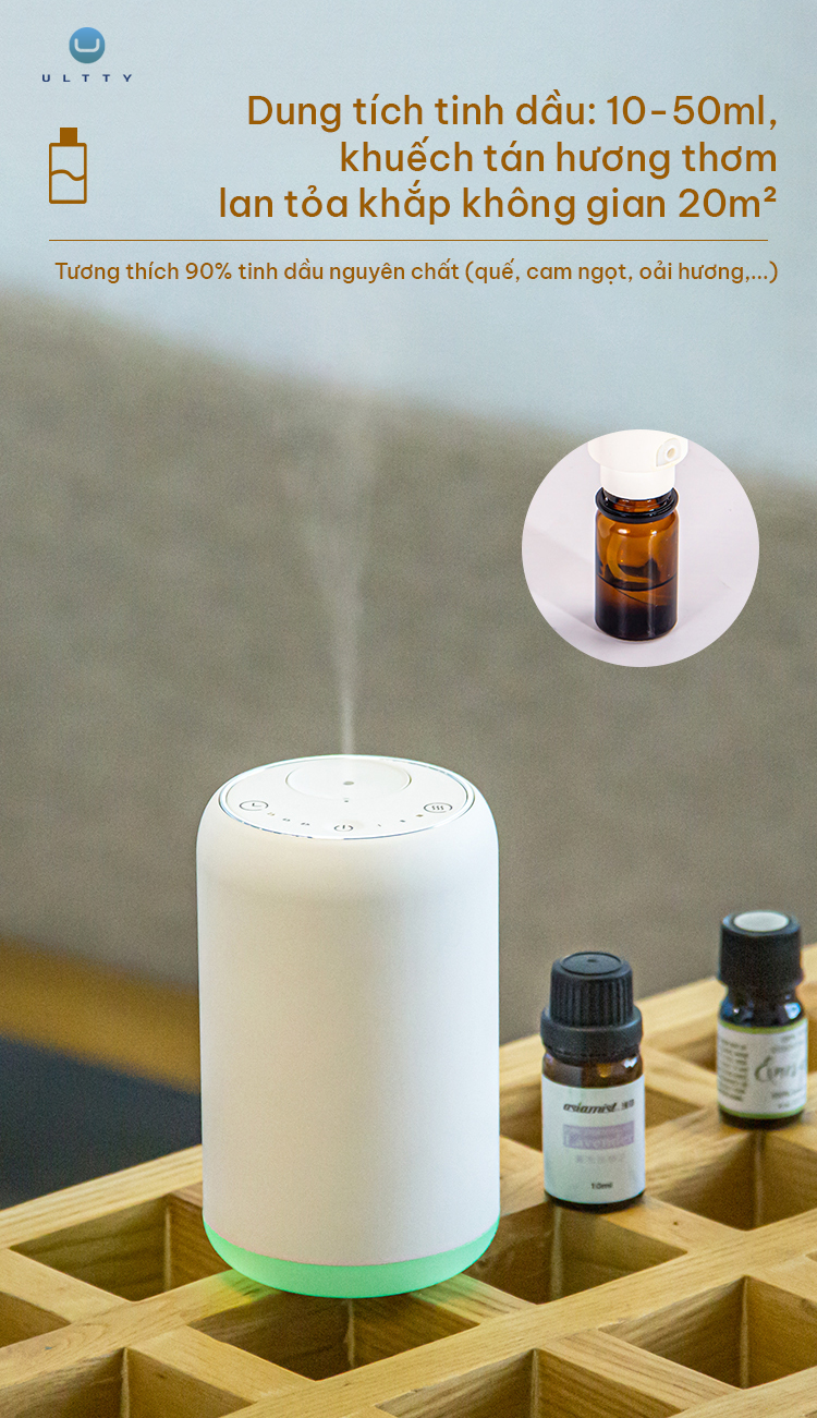 Máy Khuếch Tán Tinh Dầu U ULTTY Aroma – 3 Mức Lan Tỏa Hương, Đèn LED Thư Giãn, Thiết Kế Nhỏ Gọn, Sang Trọng, Tiện Lợi