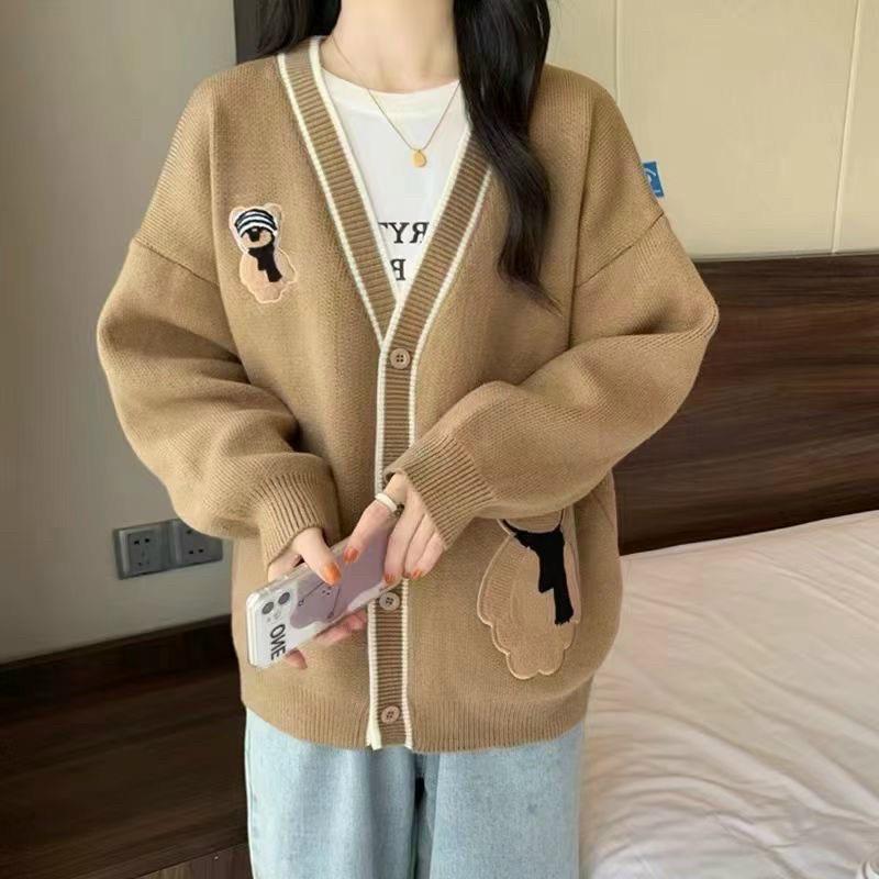Áo khoác len nữ THU ĐÔNG Cardigan THÊU GẤU ĐEO KHĂN vải dày dặn cực xịn xò