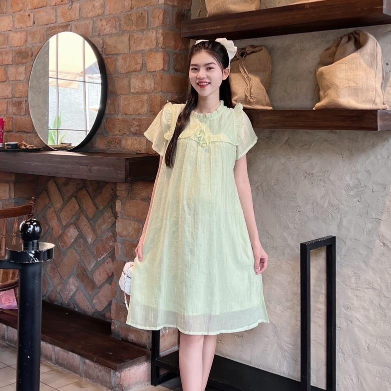 Đầm bầu tơ bèo quanh ngực đính nơ phom suông xinh xắn, đáng yêu - Xanh bơ