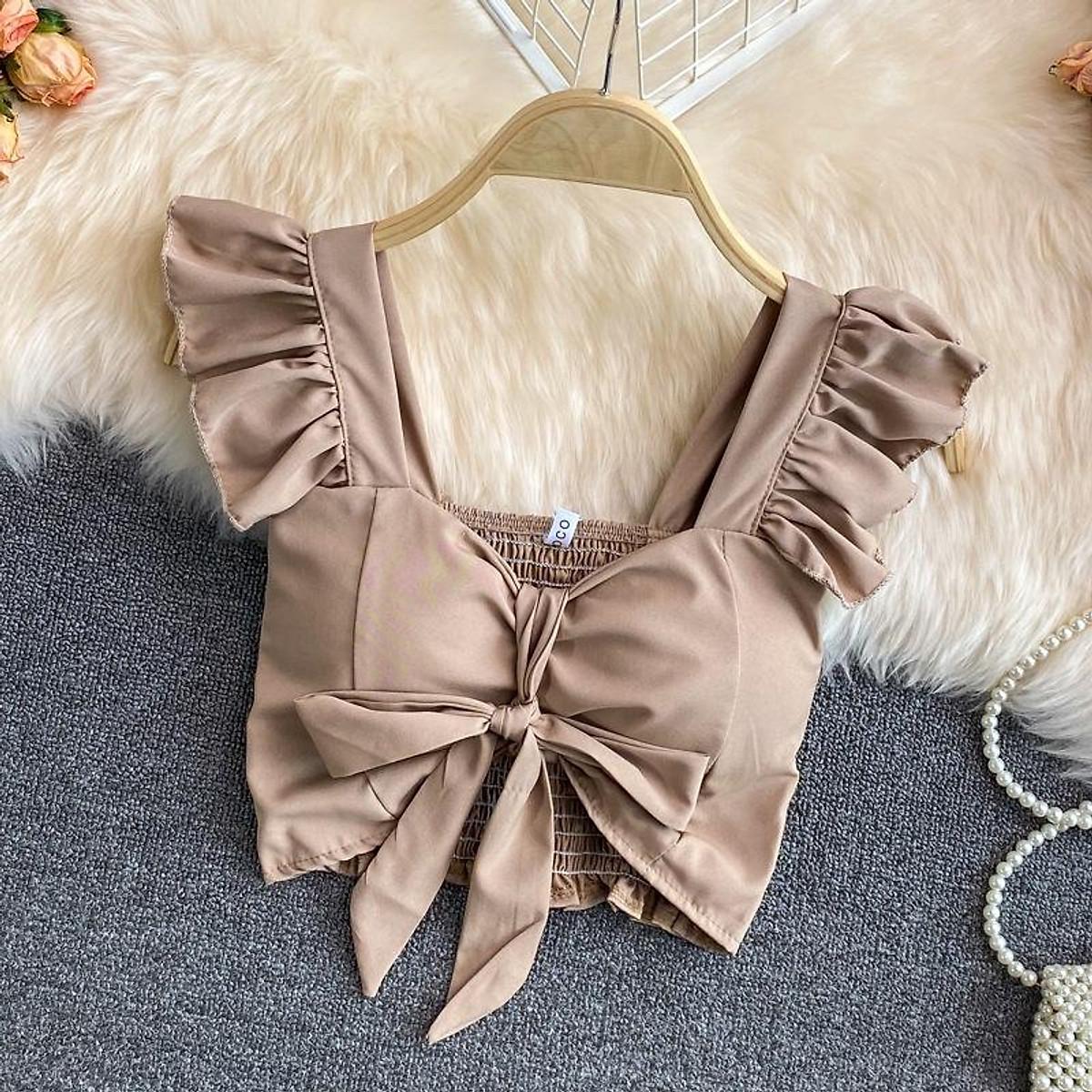 Áo hai dây nữ croptop buộc nơ ngực dáng ôm kiểu cánh tiên ống 2 dây bản lớn alohaboutique - nude