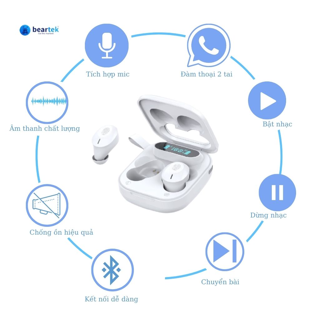 Tai nghe không dây bluetooth BEARTEK Bearbuds B99 True Wireless định vị, chạm cảm ứng – Màn hình LED cao cấp - Âm thanh sống động -  Hàng chính hãng