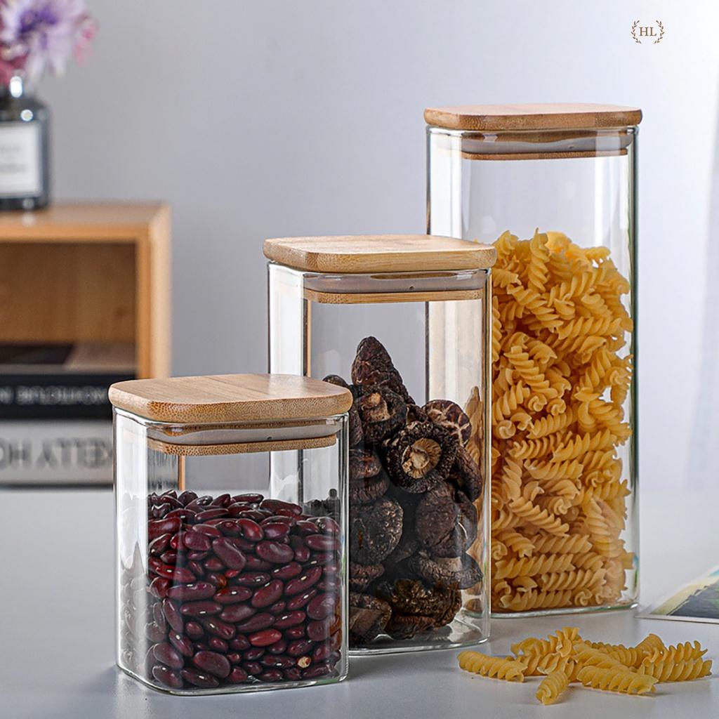 Hũ Thủy Tinh Vuông Nắp Gỗ Tre Kín Hơi Đựng Thực Phẩm, Gia Vị Tiện Dụng | Lọ thuỷ tinh nắp gỗ tre chất liệu Borosilicate