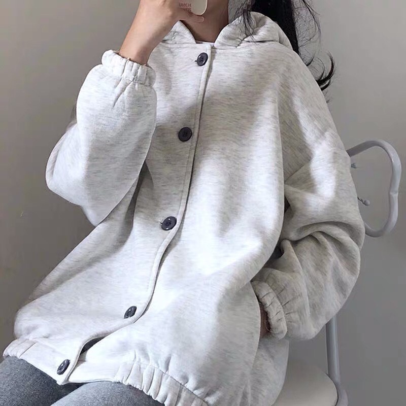 áo khoác hoodie nam nữ nút to ulzang nỉ bông có mũ 2 màu dày dặn