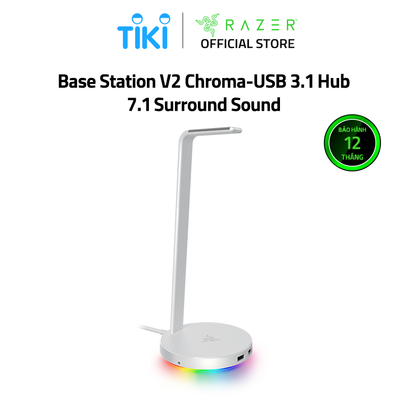 Giá treo tai nghe Razer Base Station V2 Chroma-USB 3.1 Hub-7.1 Surround Sound - Trắng (MERCURY) - Hàng Chính Hãng