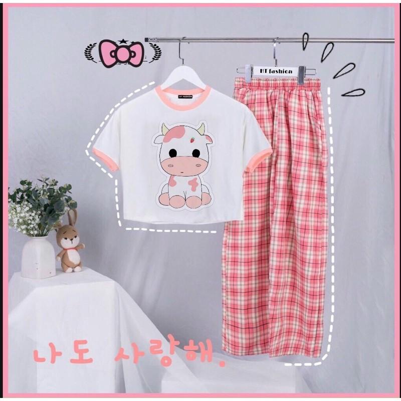 set áo croptop cuốn biên kèm quần sọc caro chất áo cotton kèm quần kate-N