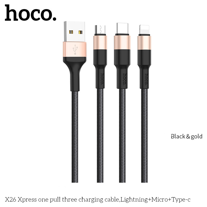 Dây Cáp Sạc Hoco 3 Đầu Bọc Dù Cao Cấp Lightning – Micro – TypeC hàng nhập khẩu