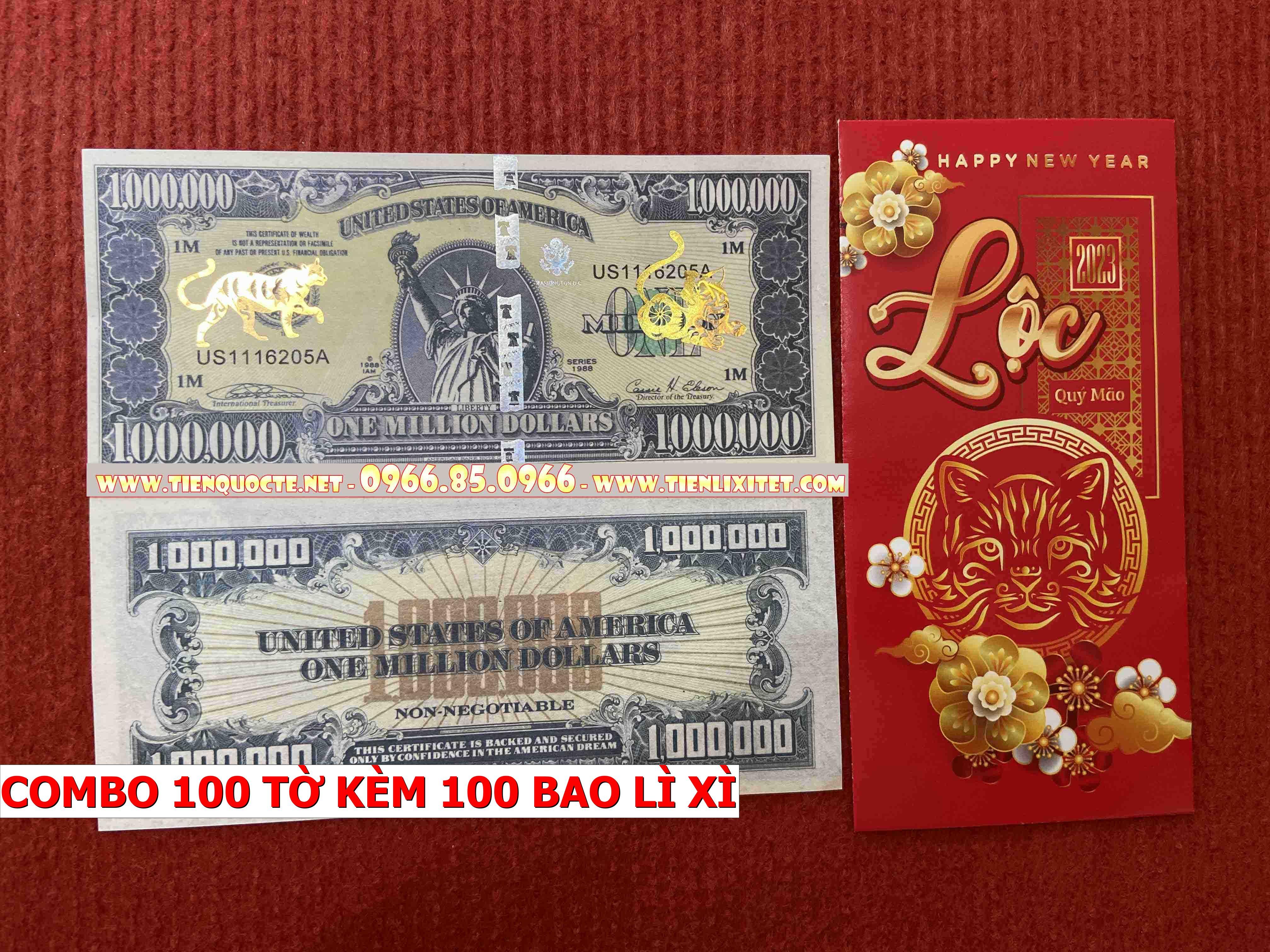 Cặp 100 tấm Lì xì tiền 2023 Tiền 1 Triệu Con mèo May Mắn Quý Mão, tặng kèm bao đỏ tài lộc 2023 CQTLNLGD02342