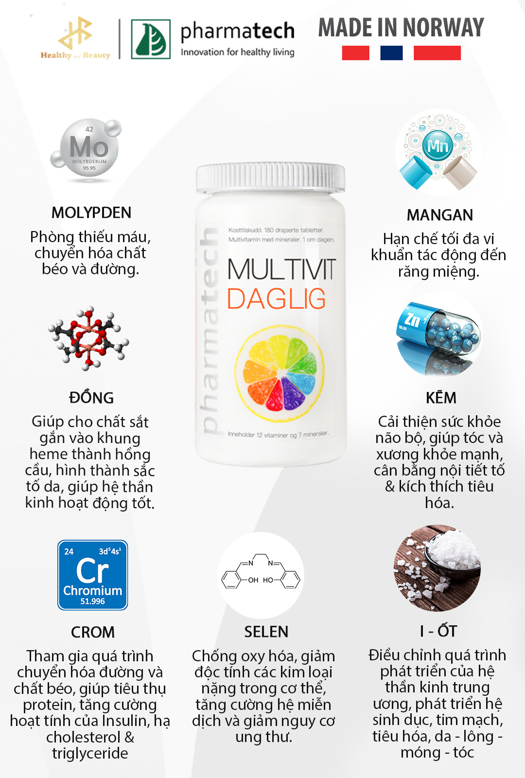 Viên nang bổ sung vitamin và khoáng chất Multivit Daglig lọ 180 viên