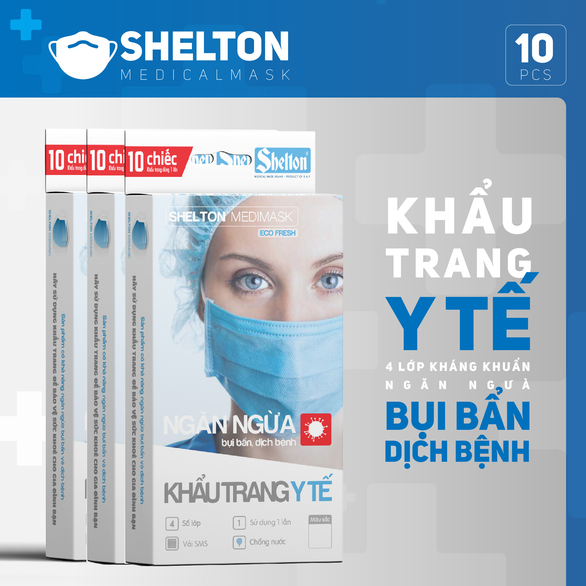 Khẩu trang y tế kháng khuẩn 4 lớp Shelton Medimask Ecofresh hộp 10 chiếc,khẩu trang kháng khuẩn 4 lớp dành cho người lớn,khẩu trang 4 lớp mềm mại có vải kháng khuẩn ngăn ngừa bụi bẩn,vi khuẩn sử dụng 1 lần