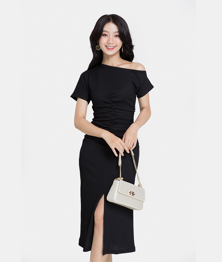 Đầm Lửng MINI HNOSS  Lệch Vai Nhún Eo HNDLU024