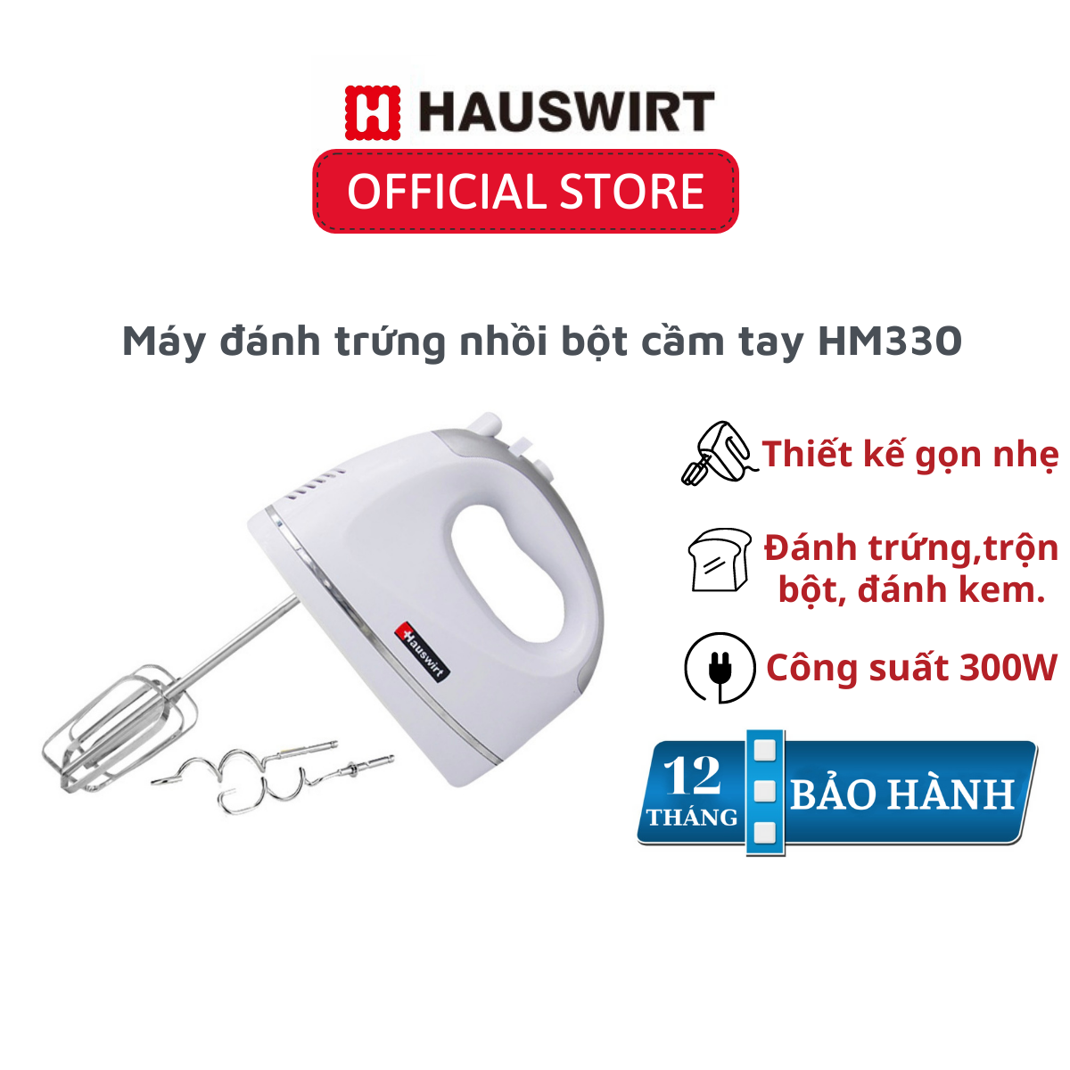 Máy đánh trứng, nhồi bột cầm tay Hauswirt HM330 công suất 300W hàng chính hãng 5 tốc độ đánh