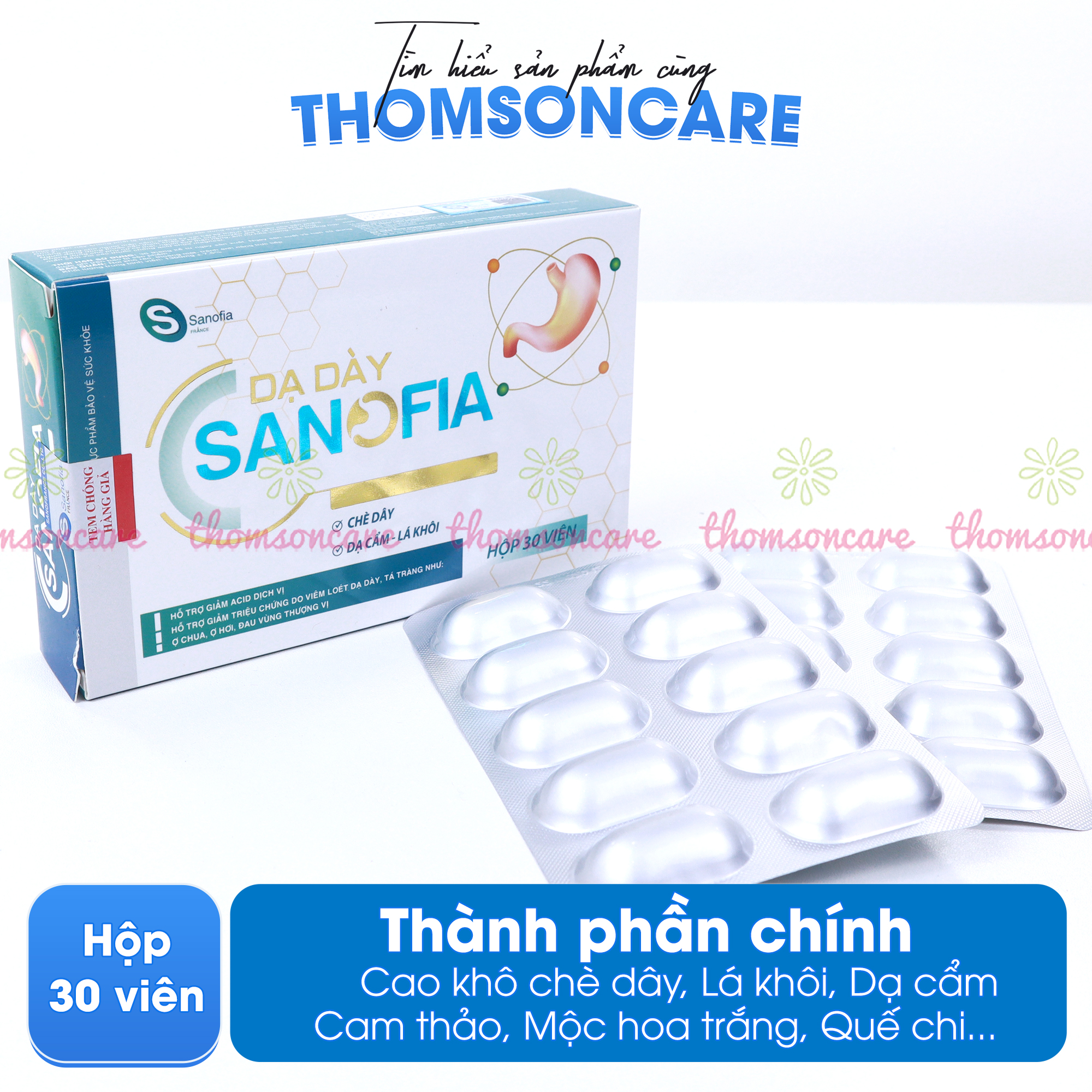 Viên uống giảm đau dạ dày Sanofia - giảm acid dịch vị, trào ngược, ợ hơi, ợ chua, đau thượng vị từ cây chè dây- Hộp 30 viên - Thomsoncare