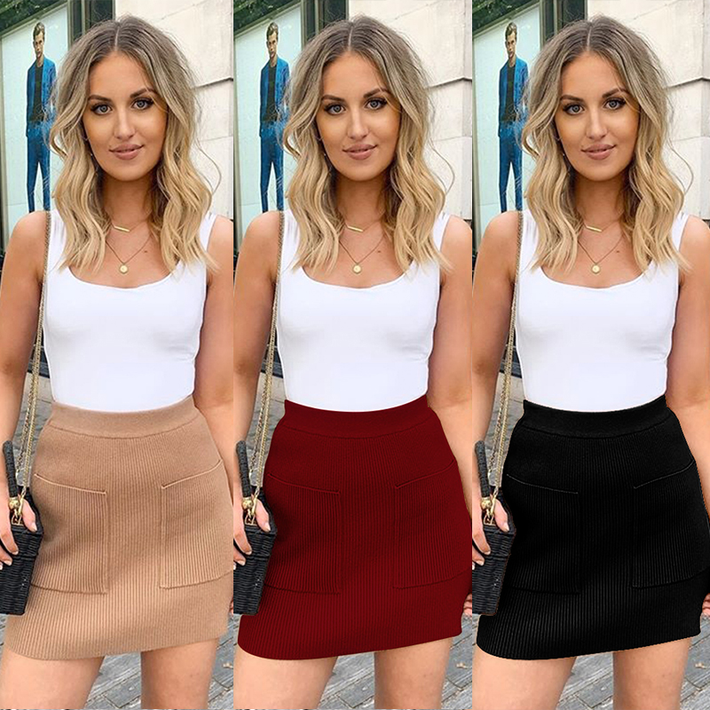 Fashion Women Knitted Mini Skirt Ribbed Pockets Slim Solid Autumn Winter Casual Short Skirt