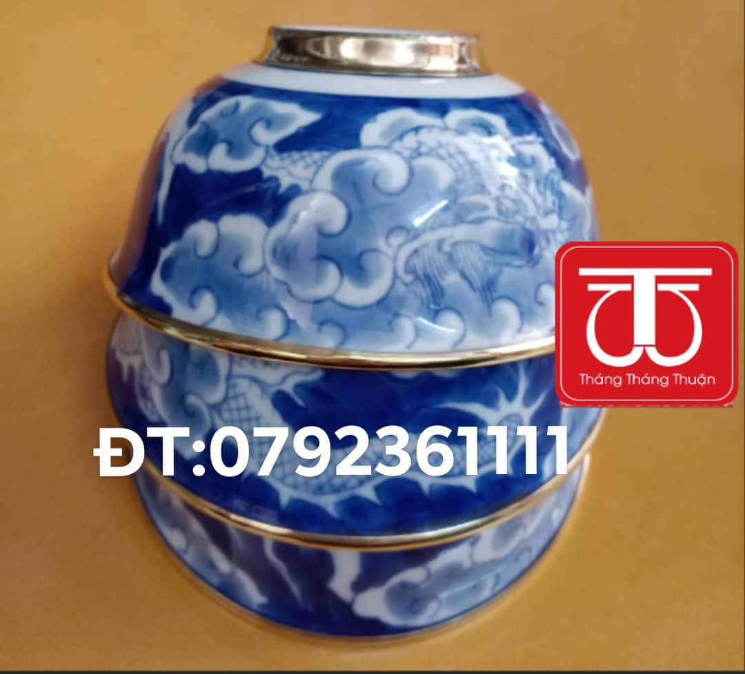BỘ 6 BÁT VÀ BỘ 10 BÁT BỊT ĐỒNG VẼ LONG ẨN .ĐK BÁT 11,5CM