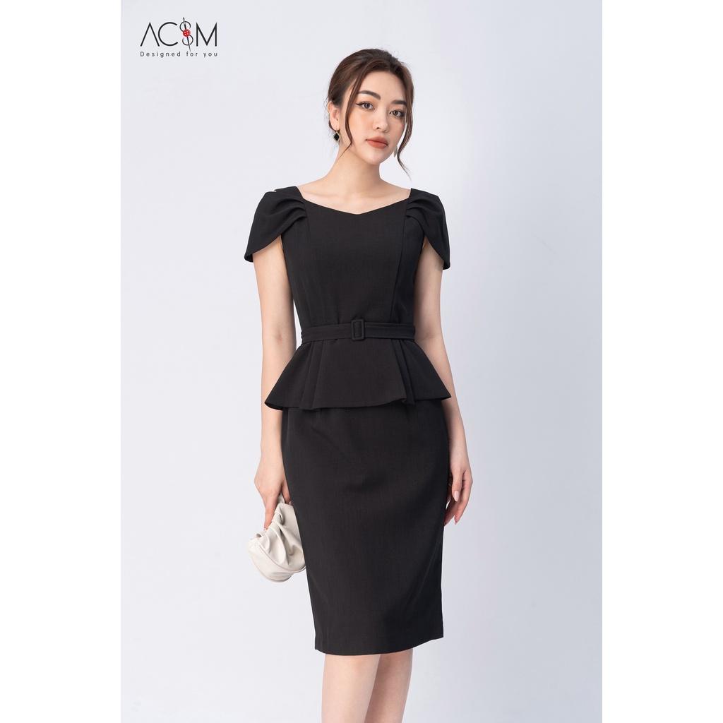 Đầm peplum trễ vai AC&M dáng ôm bút chì chất liệu đũi xước hàn - màu đen