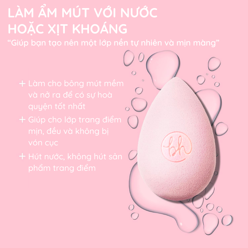 Mút tán kem nền BH COSMETICS dạng giọt nước mềm mại tiện dụng màu hồng