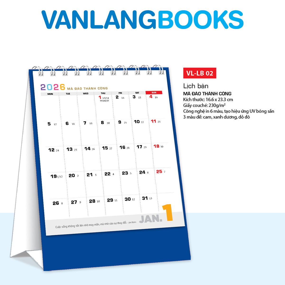 Lịch Bàn 2026 – Mã Đáo Thành Công | Lịch Để Bàn Cao Cấp Vanlangbooks | Mã: VLLB02 - Màu Xanh