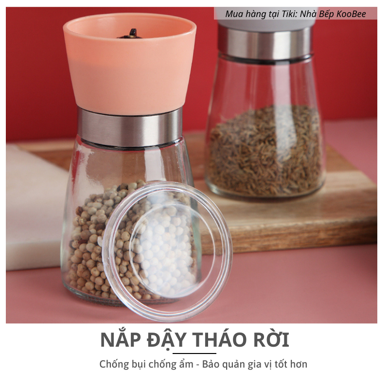 Cối xay tiêu thủy tinh cầm tay cao cấp KooBee - Lọ xay hạt tiêu đen, tiêu sọ, muối hồng, ớt khô đa năng tiện dụng