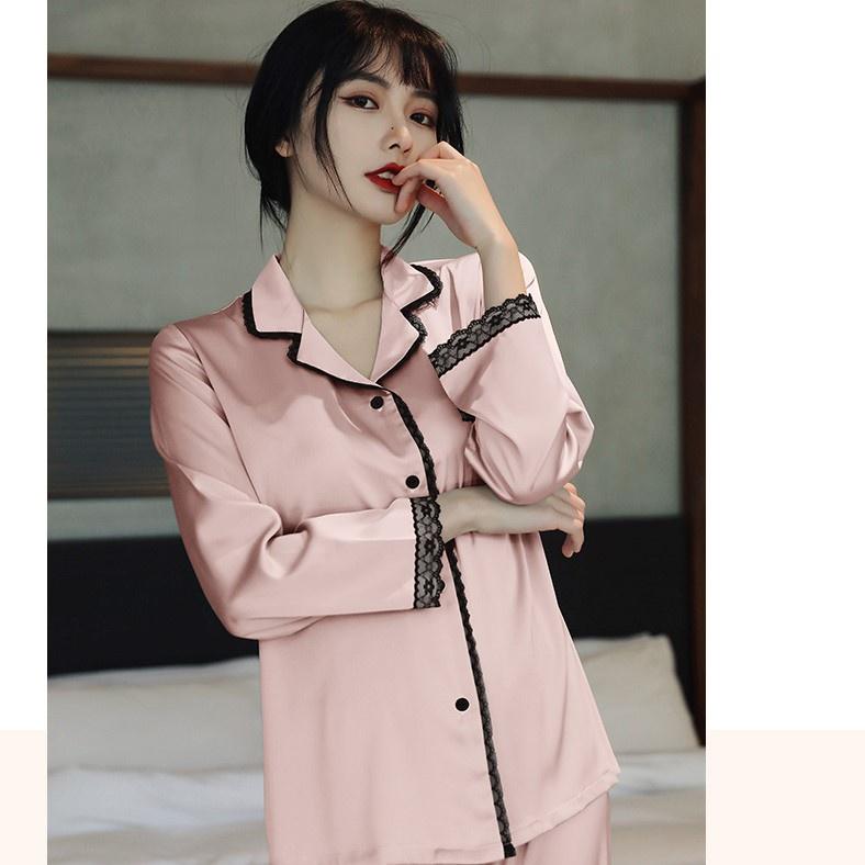 Đồ Bộ Nữ - Đồ Mặc Nhà Dài Tay Vải Lụa Cao Cấp Nhiều Màu Trơn Viền Ren Sang Trọng DDLP10