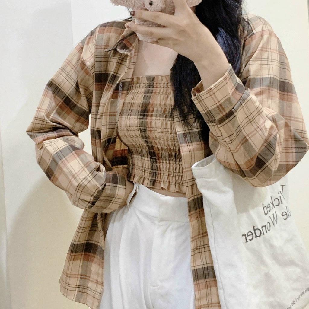 Set áo sơ mi caro ngoài kèm áo ống nhún thun xinh xắn thời trang hot