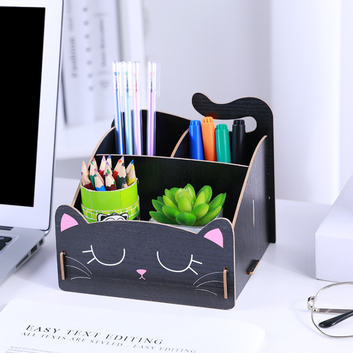 Kệ lắp ráp bằng gỗ đựng bút viết, mỹ phẩm để bàn hình mèo tặng kèm móc PKS ( Sản phẩm giao màu ngẫu nhiên )