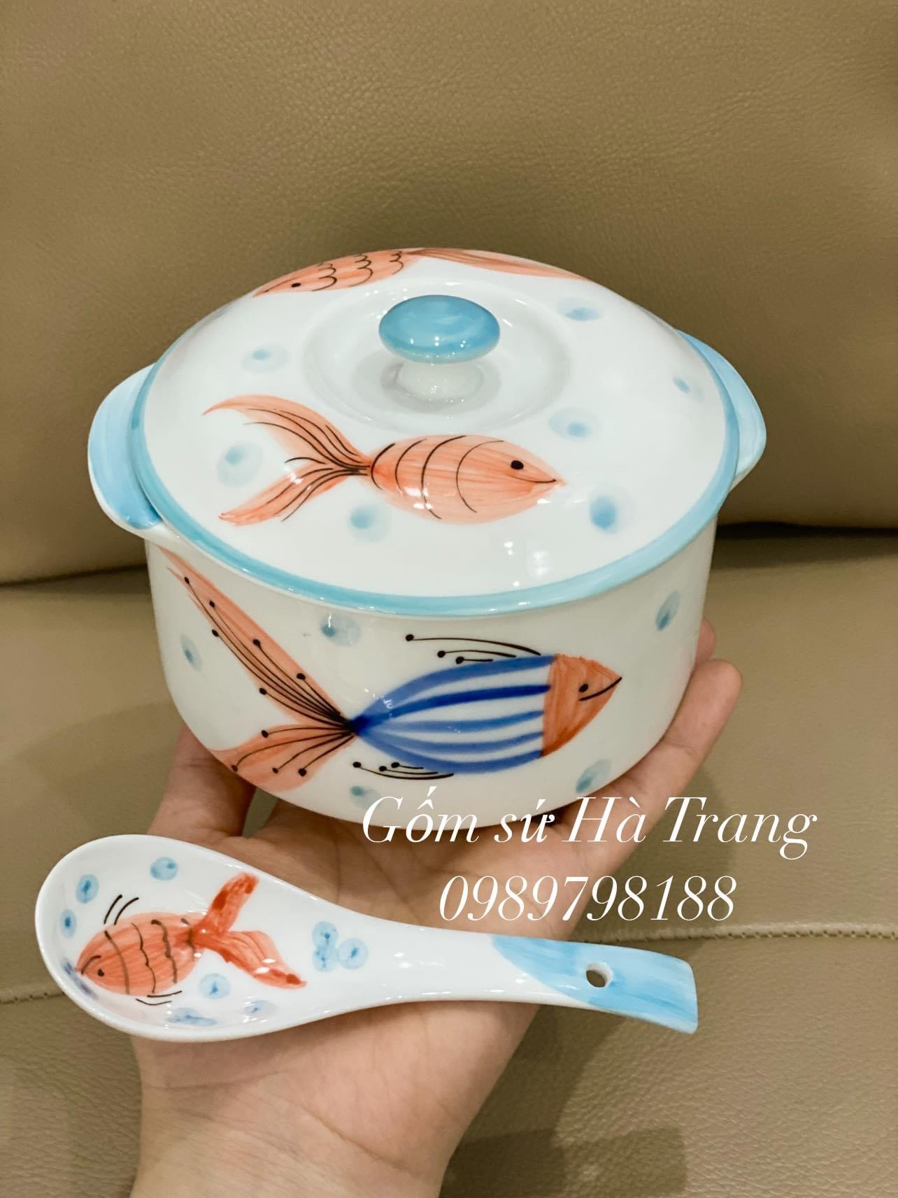 Thố chưng yến dung tích 600ml gốm sứ Bát Tràng cao cấp vẽ hoạ tiết cá kèm thìa