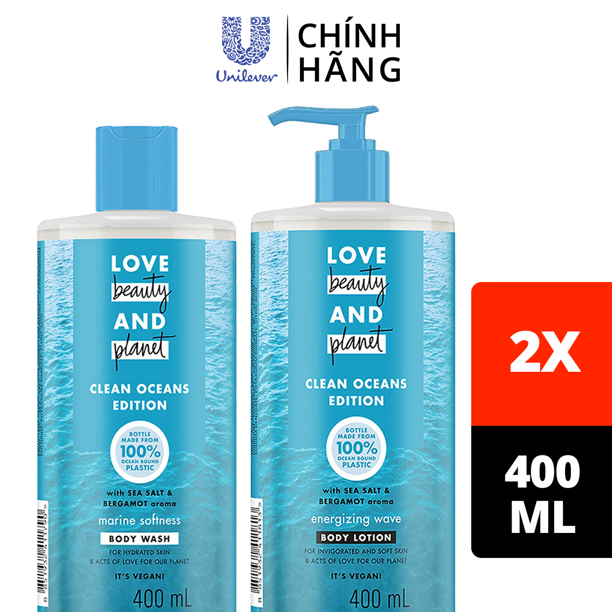 Combo sữa tắm và sữa dưỡng thể Love Beauty And Planet Oceans Edition chăm da mềm mịn Marine Softness 400ml