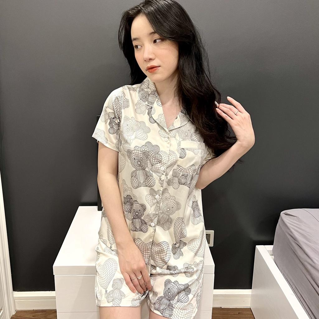 Đồ Bộ Nữ FREESHIP Bộ Đồ Ngủ Lụa pijama cộc tay mặc nhà họa tiết gấu trái tim dễ thương