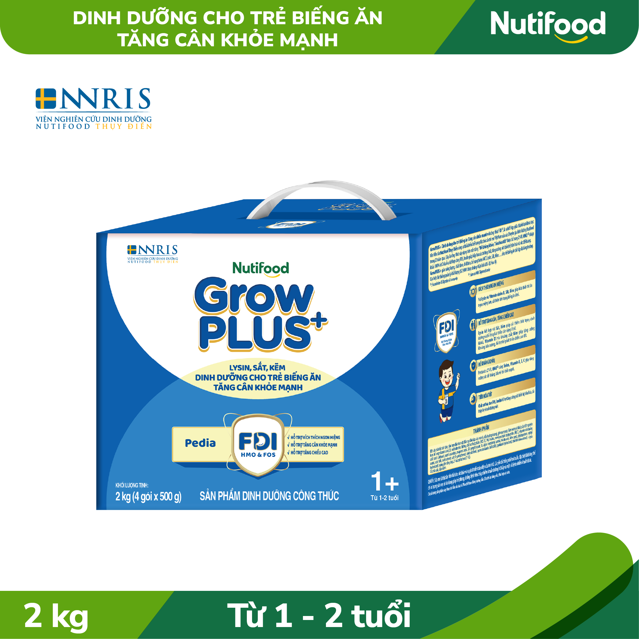 Sữa Bột GrowPLUS+ Biếng Ăn (Xanh) cho trẻ tăng cân khoẻ mạnh 1+ Hộp giấy 2 KG