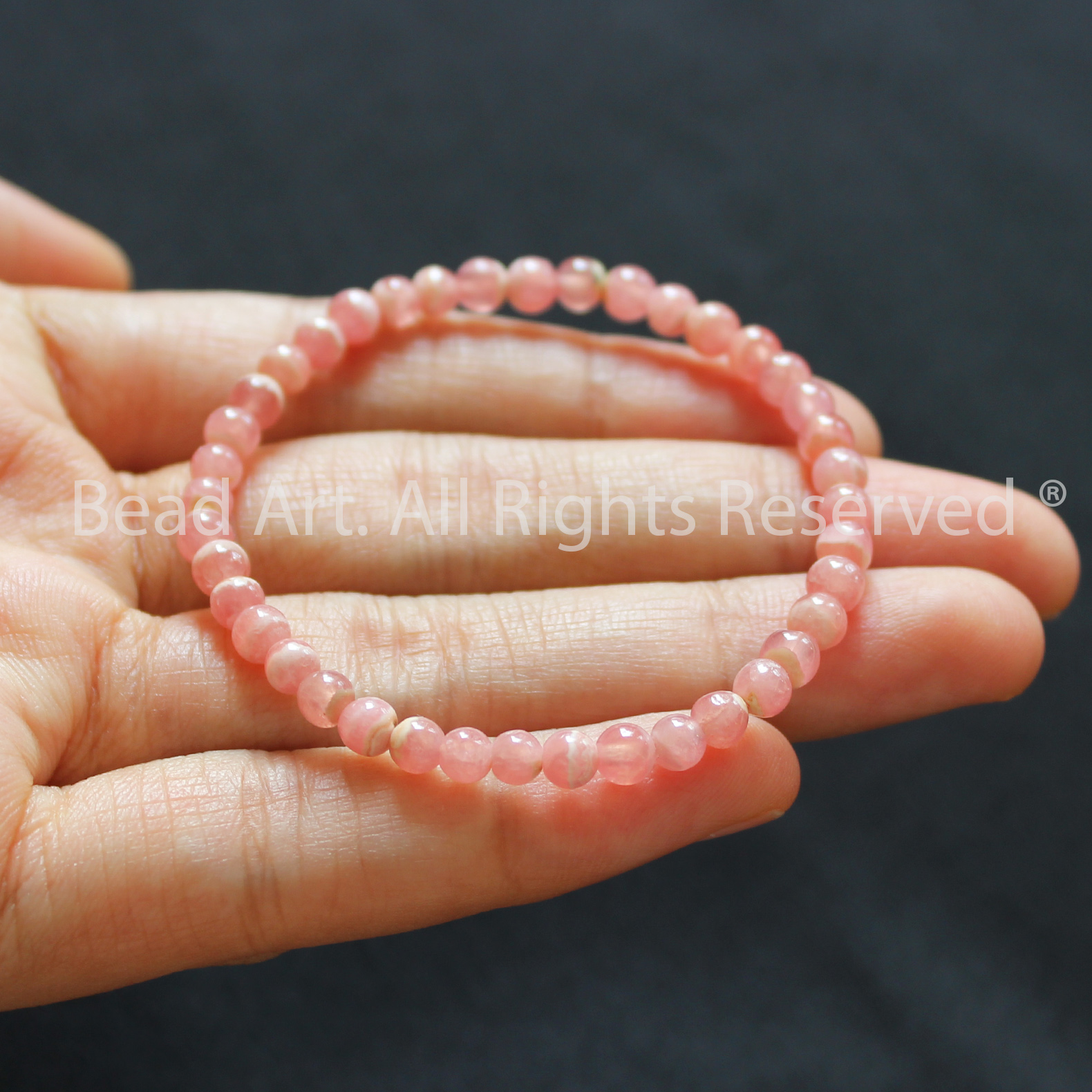 Vòng Tay 4MM Đá Đào Hoa Tự Nhiên Màu Hồng, Rhodochrosite Loại A Vân Trắng, Vòng Tay Phong Thuỷ, Chuỗi Hạt, Mệnh Hoả, Thổ - Bead Art