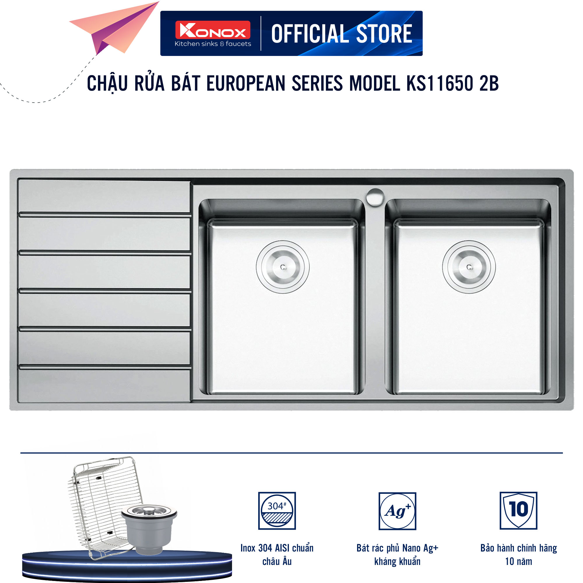 Chậu rửa bát Konox, European Series, Model Premium KS11650 2B , Inox 304AISI tiêu chuẩn châu Âu, 1160x500x215(mm), Hàng chính hãng