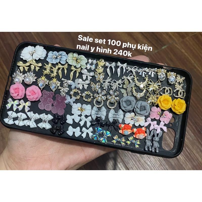 set 100 phụ kiện làm nail (hoa bột + đá hình + charm nhựa)