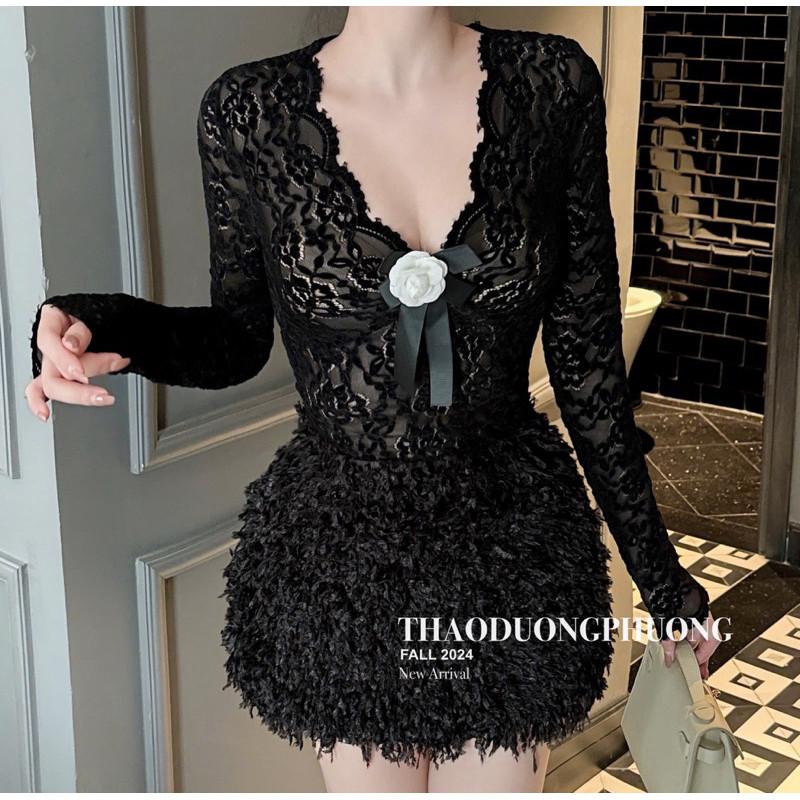 Set áo ren cổ V kèm tag hoa chân váy lông sẵn lót quần siu