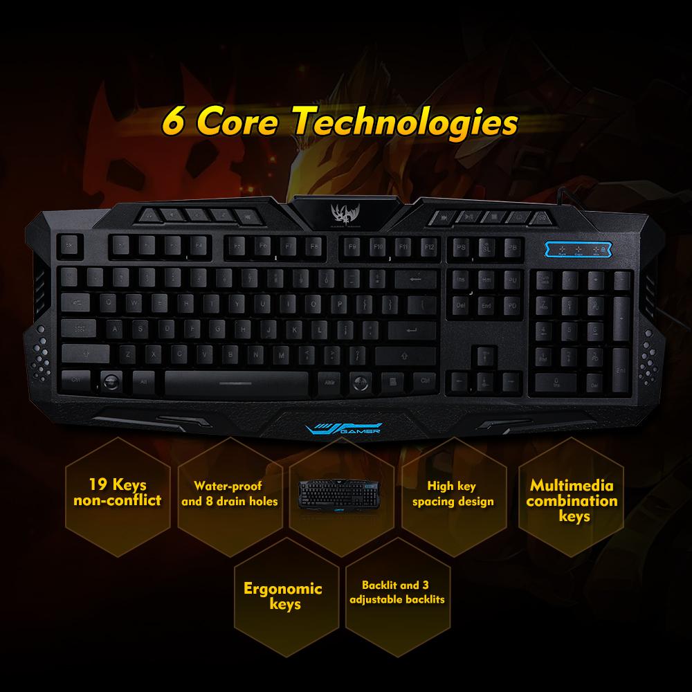 Bàn phím chơi game Ký tự không thấm nước USB có dây 3 cấp độ đèn nền công thái học có thể chuyển đổi LX-K002