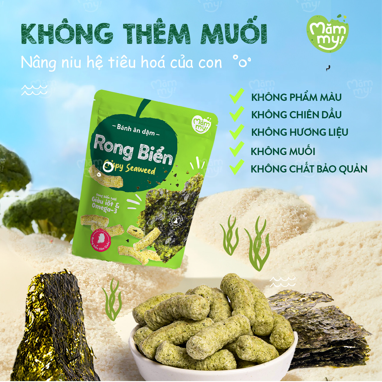 Bánh ăn dặm vị rong biển cho bé ăn dặm Mămmy giúp bé phát triển não bộ, tan ngay trong miệng, bé từ 6 tháng - 1 gói 25g