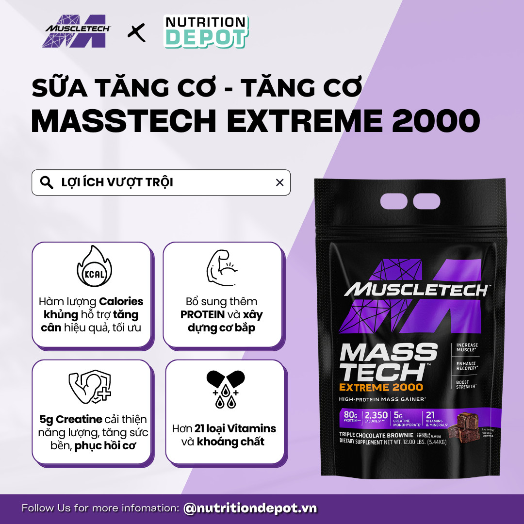 Sữa tăng cân tăng cơ Mass Tech Extreme 2000 Muscletech - vị Triple Chocolate Brownie - Nutrition Depot