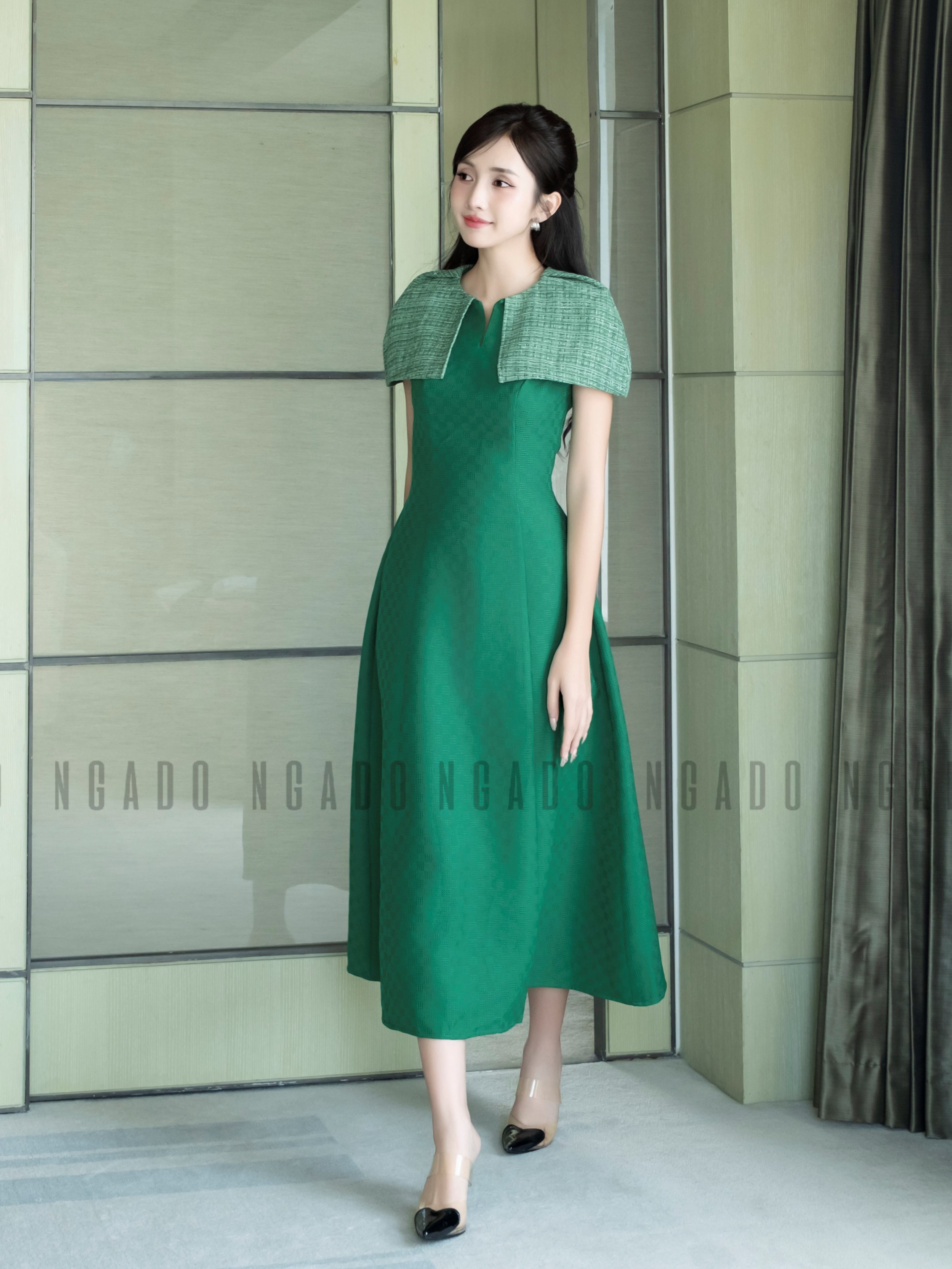 Đầm xanh lá phối tweed NGADO , đầm dự tiệc dáng dài , đầm thiết kế