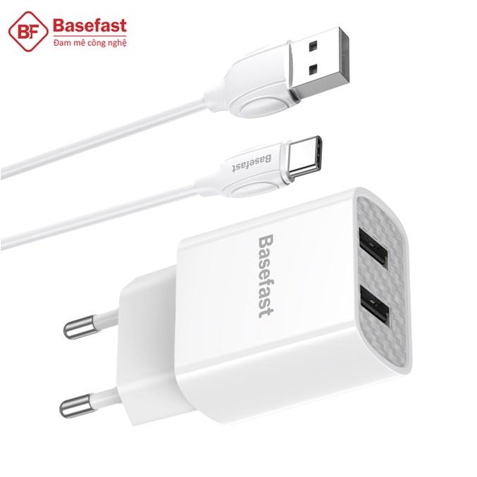 Bộ Sạc Nhanh 2 Cổng USB và Type C Chính Hãng BASEFAST B22a - Combo Củ Kèm Cáp Sạc 2.1A Cho Samsung, Xiaomi, Oppo... - Hàng Chính Hãng