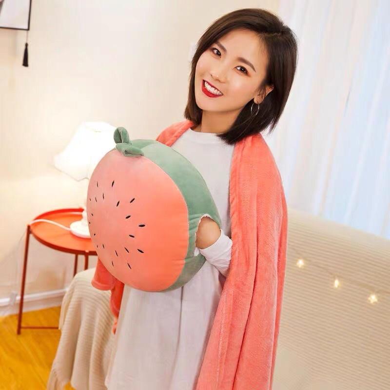 Gối chăn văn phòng 2 in 1 chất miniso cao cấp hình hoa quả tròn kiwi, cà rốt, dưa hấu...