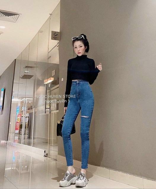Quần jeans ôm body lưng siêu cao nút kiểu, quần jean nữ quần bò -j20