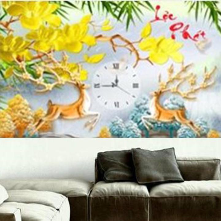Tranh thêu đồng hồ lộc phát LV3348 - kích thước: 63 * 43cm.