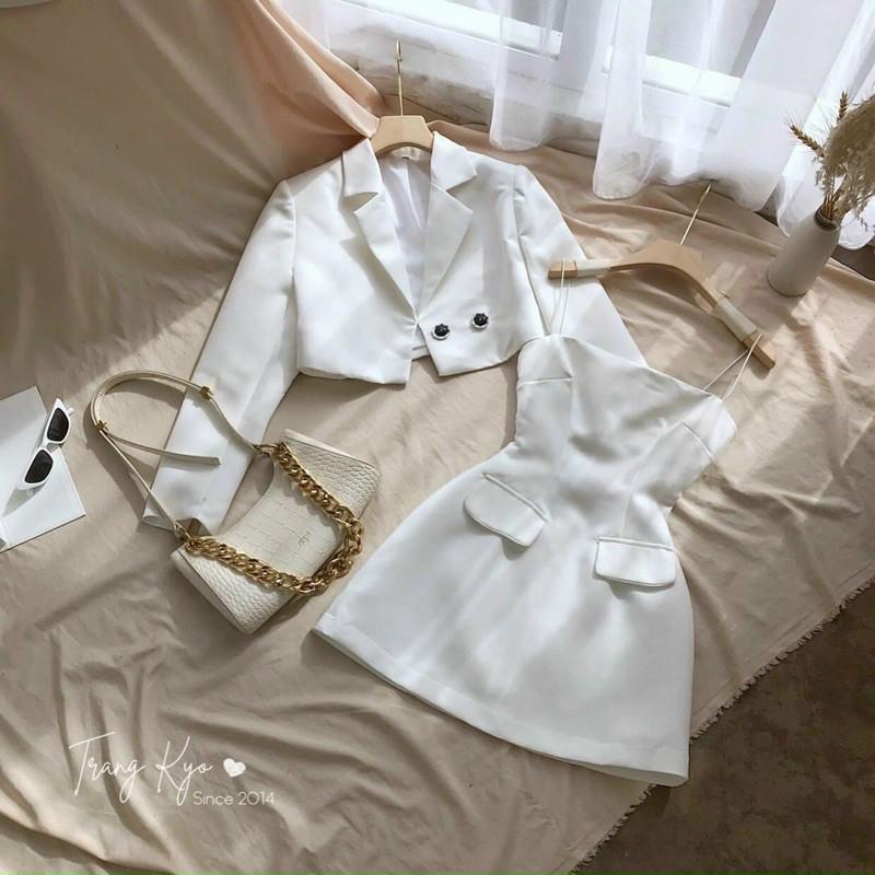 Set đầm 2 dây kèm áo khoác vét chất tuyết mưa -U