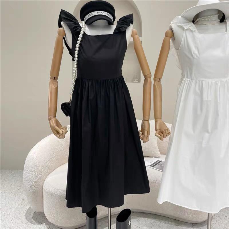 ĐẦM BÈO VAI NHÚN NƠ SAU KHOÉT LƯNG CỔ VUÔNG DÁNG XÒE-hình thật shop chụp