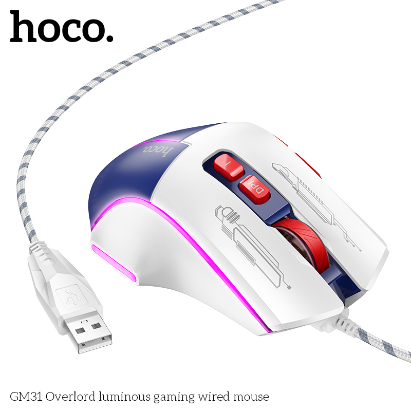 Chuột máy tính có dây Hoco GM31 siêu đẹp, chạy mượt, tùy chỉnh DPI 1200/1800/2400/3600, có 7 nút bấm - Hàng chính hãng